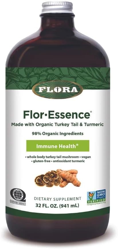 Flora Health Flor-Essence with Turkey Tail & Turmeric, Bogata s polisaharidi, 35+ Fenolne spojine z antioksidanti in imuniteto podporo, 32-fl. oz. Steklenica