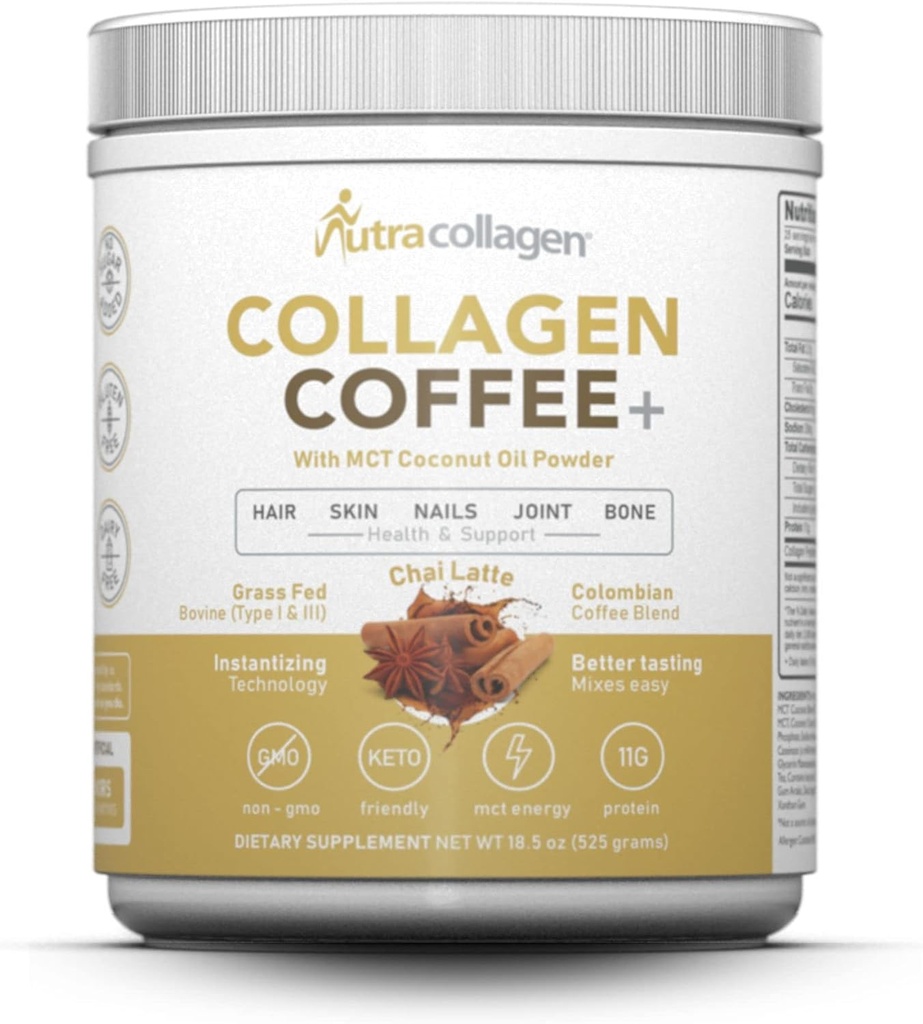 NUTRACOLLAGEN Protein Powder v kombinaciji s Premium Columbian Coffee; Grass-Fed, Non GSO, 12g Peptide, MCT Kokosovo olje v prahu, brez soje, brez glutena, brez sladkorja, 40mg Caff/Srving; Chai Latte 25 Srvg