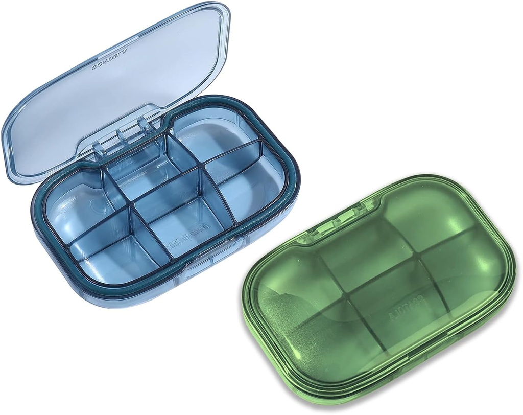 2 Pack 6 Kompartment tablete Organizator, Vlažen dokaz Primer za potovanja, Dnevno Portable Medicine Vitamin Container, Ribje olje in dodatno shranjevanje (modra in zelena)