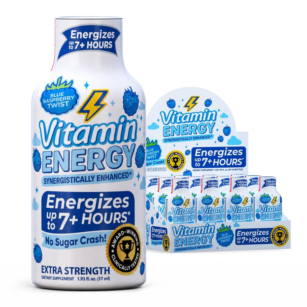 Vitamin Energija Imuno+ Ekstra moč Energija Shot Blue Raspberry 12 Pack, 260mg Naravni kofein, B-Vitamini, Citicoline, Zeleni čaj, Immuniteta in fokus podpora, Nič sladkorja, Gluten-free 1,93 fl oz
