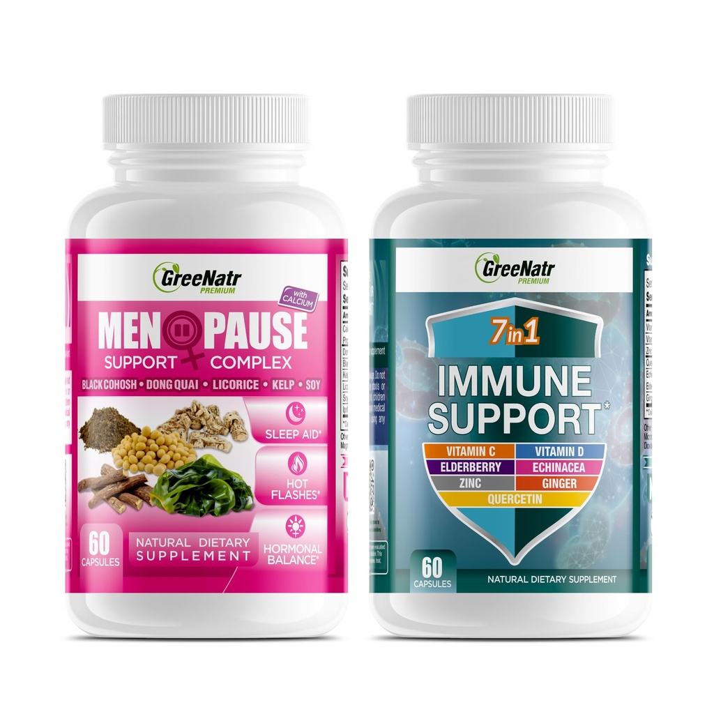 GreeNatr Herbal Menopause Podporni kompleks za vroče bliskavice, nočno potenje, Mood Swings Relief Plus naša 7 v 1 Imunska podpora s Quercetin, Echinacea, Sambucus Elderberry, in Ginger
