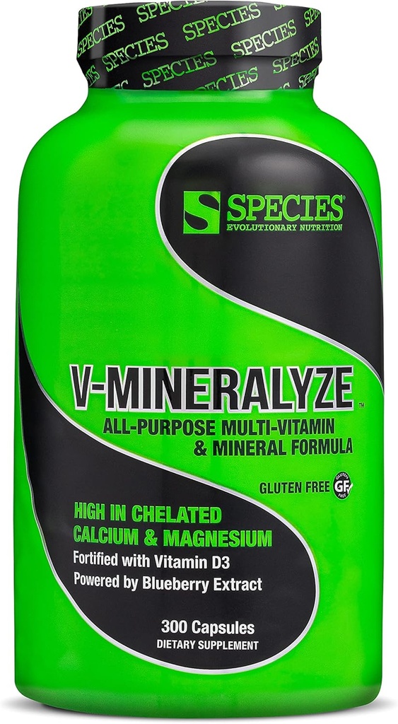 Vrsta Nutrition V-Mineralyze All-Purpose multivitamin, vitamin C in D3, kelirani minerali, izvleček borovnic z antioksidantnimi lastnostmi, 300 kapsul