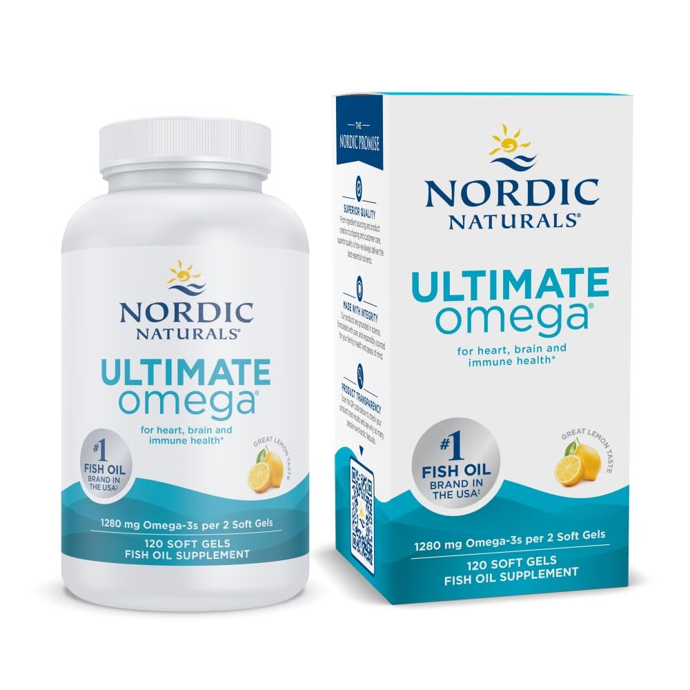 Nordic Naturals Ultimate Omega, Lemon Flavor - 120 Soft Gels - 1280 mg Omega-3 - Visokopotezni ribje olje dodatek z EPA & DHA - Spodbuja zdravje možganov in srca - Non-GMO - 60 Servings
