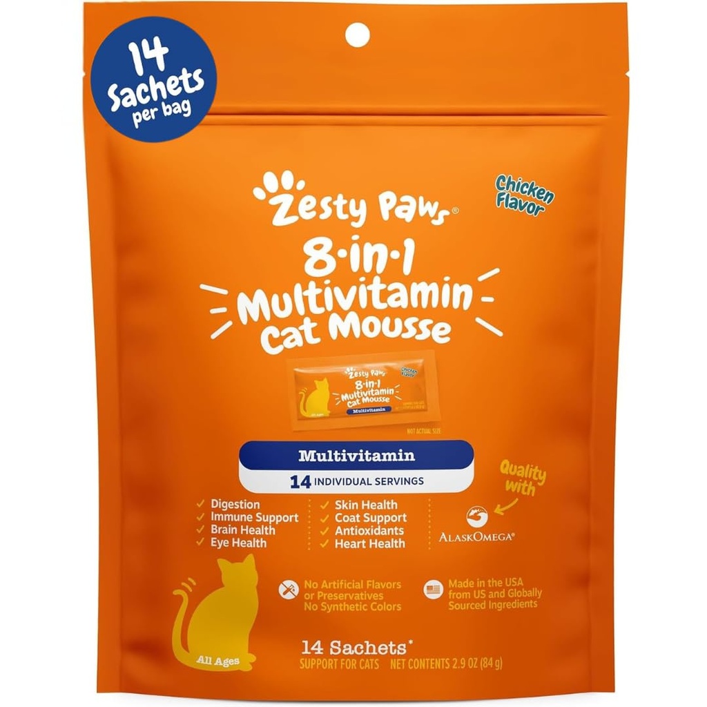 Zesty Paws 8-in-1 Multivitaminski Cat Vitamini in dodatki Mousse - Cat Vitamini za notranje mačke - Zdrava obravnava Stiskajte za črevesje, Imuno, srce, kožo in plašč podporo - Chicken 14ct