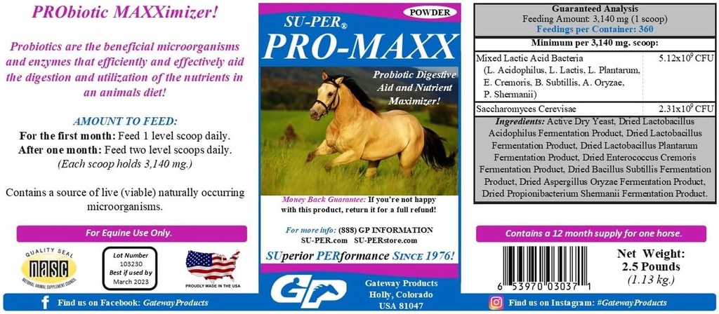 SU-PER Pro-Maxx Probiotiki za konje - Prebavna pomoč in hranilno sredstvo Maksimizer - ohranja pravilno zdravje in mikrobialno ravnovesje - 2,5 funta, (2 paketa)