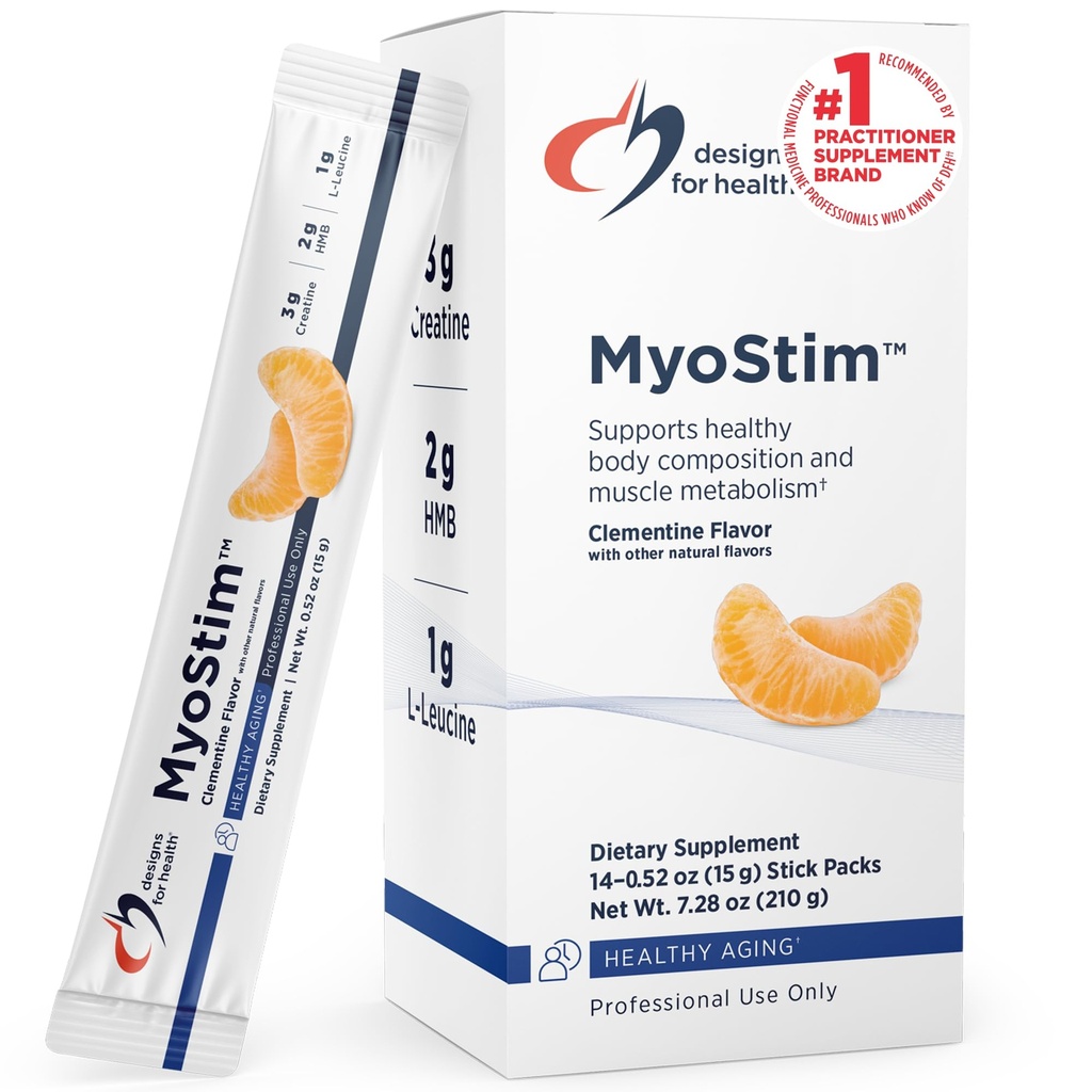 Designs for Health MyoStim - HMB + Collagen Peptides Powder with L-Leucine + Creatine to support Healthy Aging - Lahko pomaga Atenuate Age-related Muscle Loss - Clementine-Flavored Drink (14 Packs)