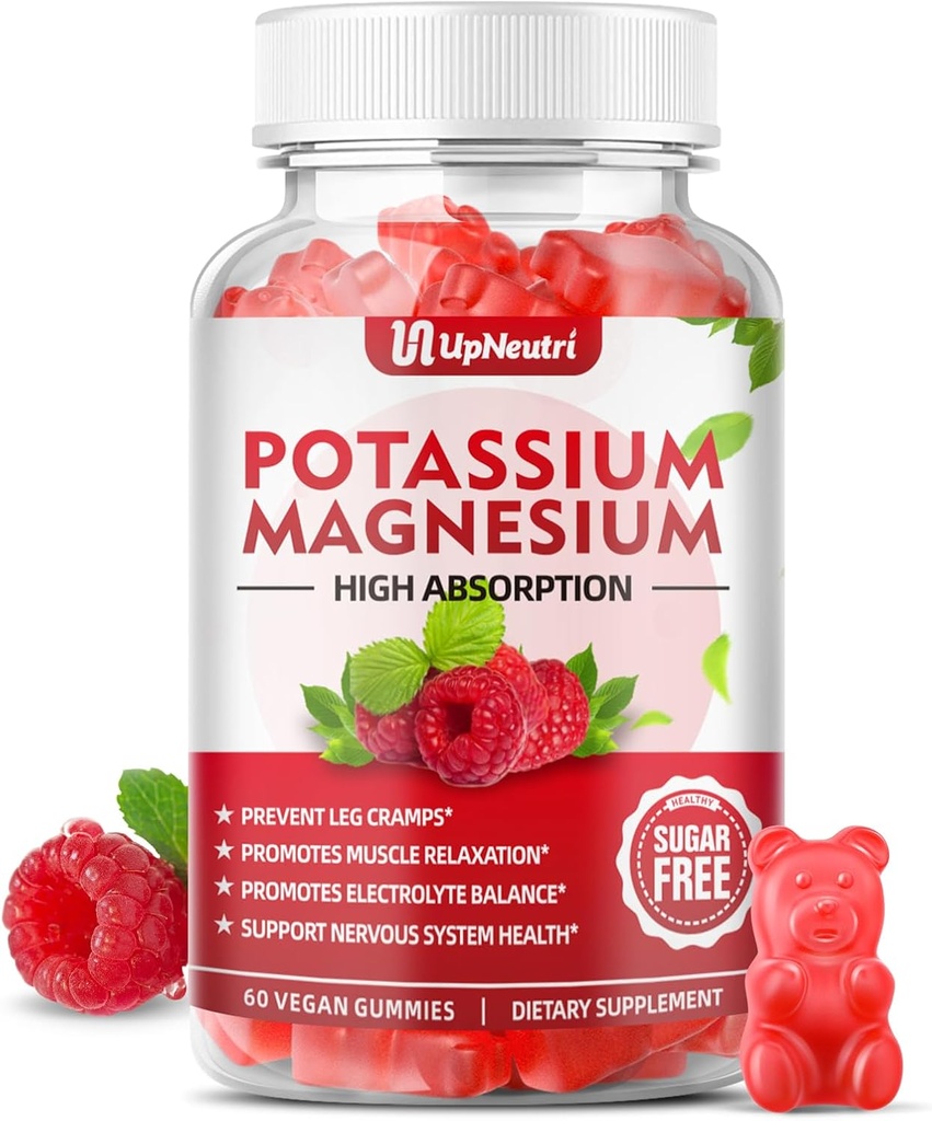 Kalijev Magnezij dodatek Gumiji za odrasle otroke, brez sladkorja Kalijev citrat Gumiji podpira noge Cramps & mišice & srce zdravje, Vegan Magnezij Glicinat Gumies Malina Okus 60 Cts