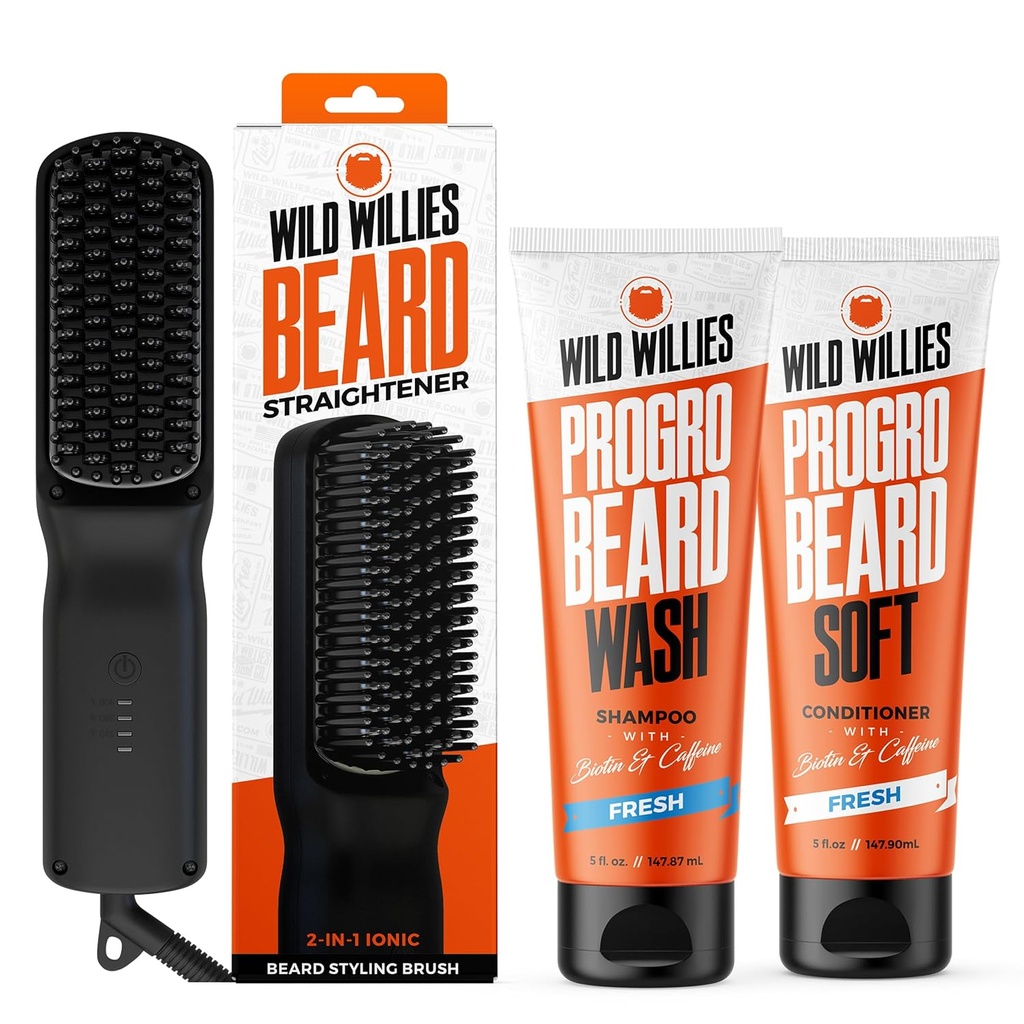 Divji Willieji bradati komplet - Bradavičarka za moške, PROGRO - utrjen z biotin & kofein za rast las, pranje, Hidracija - Ionic 2-v-1 Heated Comb Brush, Made in USA