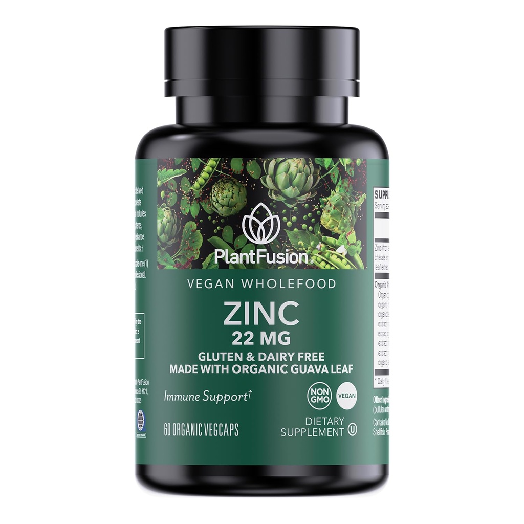 PlantFusion Vegan Cink Supplements 22 mg – Cela hrana kompleks, kelirani cinkov citrat iz ekološkega lista Guava za imuno podporo, 60 kapsul