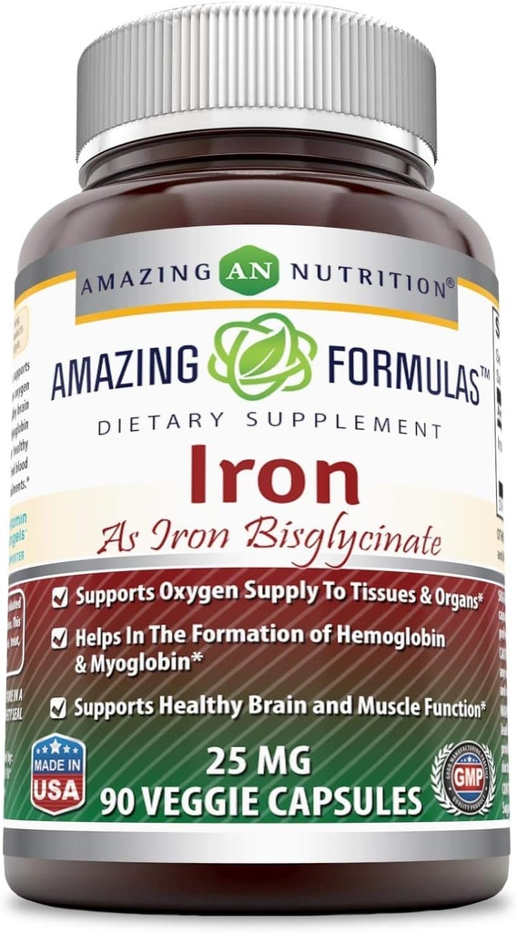 Osupljive formule železa kot železa Bisglicinat 25 Mg Veggie kapsule (Ne-GMO, Gluten Free) - podpira oskrbo s kisikom za tkiva in organe-Pomaga pri oblikovanju hemoglobina&Myoglobin.(90 Veggie kapsule)