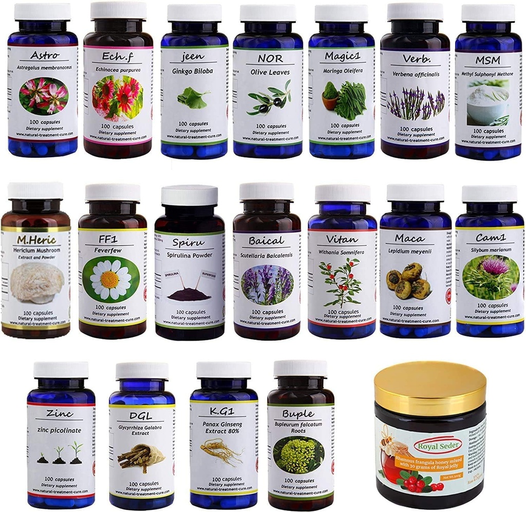 Hekma Center Supplements Paket za MS - 18 Medicina Herbs & Sidr Med s Royal Jelly - 100% Natural, Pure Organic - Vegan - Dodatki za M.S