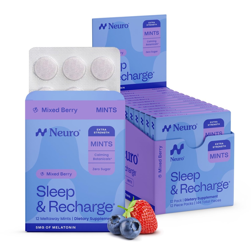 Neuro melatonin 5mg mete za spanje in polnjenje (144 kosov) - hitro raztopite melatonin brez sladkorja mete z limonino balzam & kamilico za boljše spanje - mirno spanje dodatek za odrasle - noč Berry aroma
