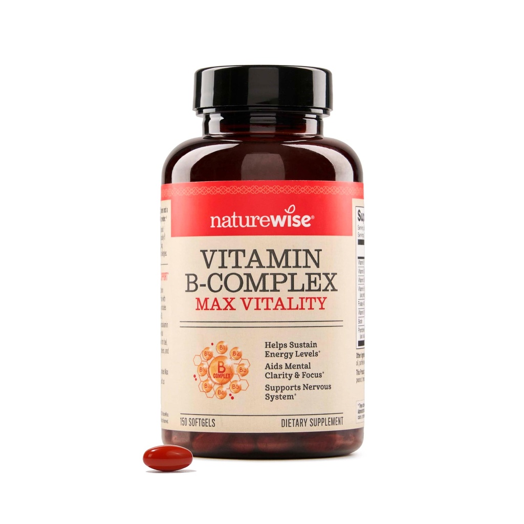 NaravaWise Vitamin B Kompleks za ženske in moške - s folno kislino Biotin B1 B2 B3 B6 B12 - Podpora Celularna energija in mentalna jasnost - Gluten & Dairy Free, Non-GMO - 150 Softgels[5-mesečna zaloga]
