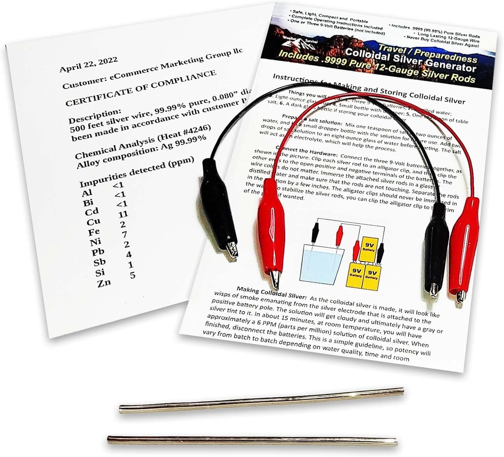 Coloidal Silver Generator Wire 99.99% Pure 12-Gauge (0,08 in./2.06 mm) Garnitura (2) 4-Inch Rods + Mini / Travel Generator - Vključuje žice + Popolna navodila