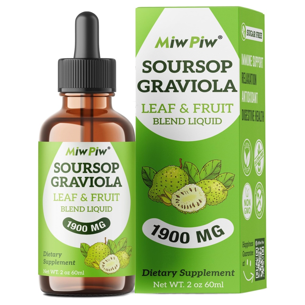 Soursop Graviola tekoče kapljice 1900MG 2Fl Oz, Soursop Bitter Leaf Extract Dodatki, Sleep Relax Podpora in imunski boost - Sladkor brez sladkorja, naravni okus, Zeliščna dobrota