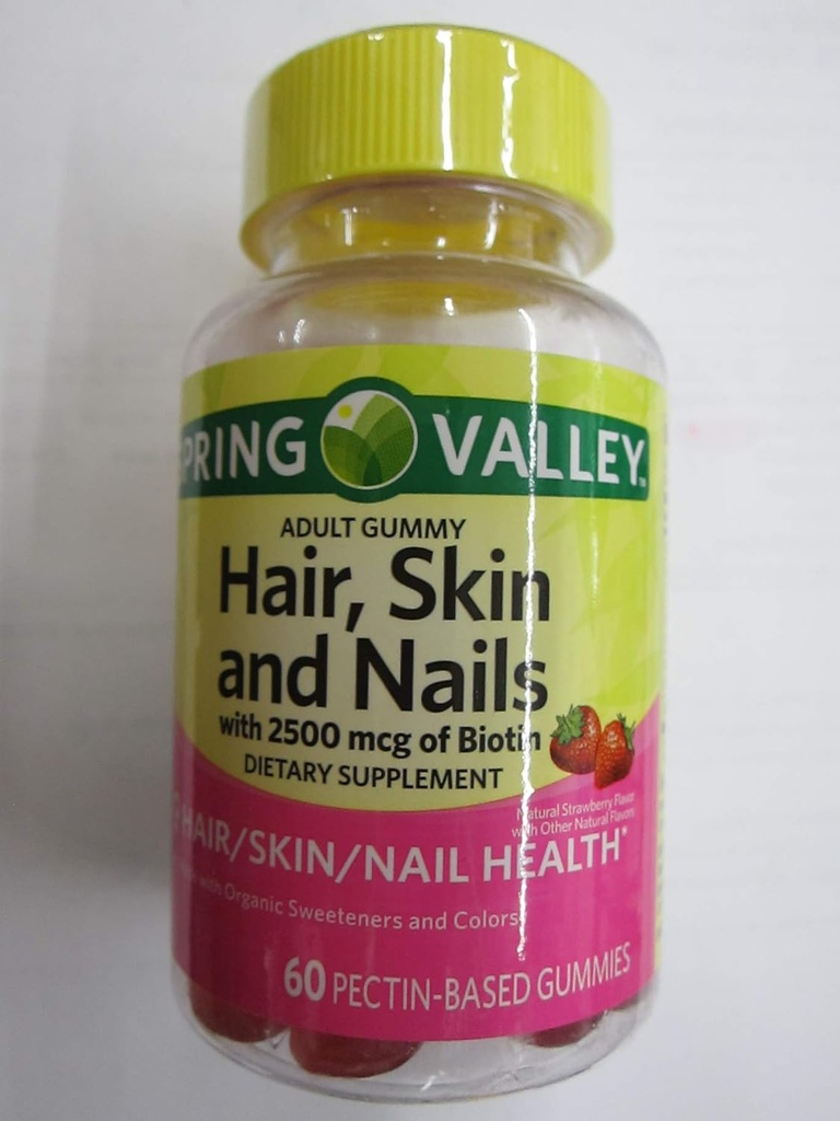 Spring Valley Odrasli lasje, koža, nohti, 2500 μg Biotin, Jagoda, 60 Gummies (paket z 2)
