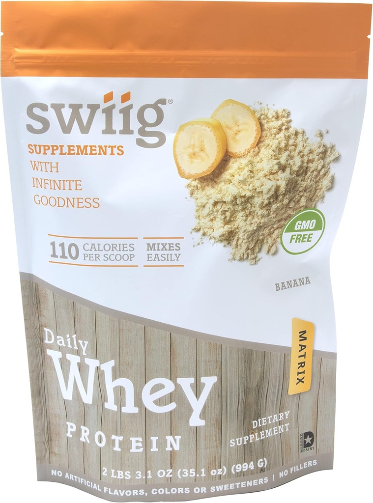 swiig Premium Daily Whey Protein Matrix Banana 2,2 lb – 20 g Protein Gluten-free No-GMO Fillers No Umetne arome Okrepljene z aminokislinami za obnovo mišic Vse naravne formule