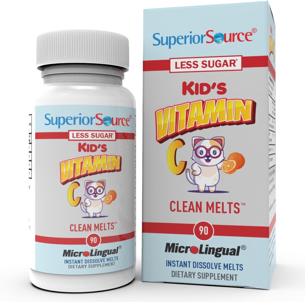 Superior Source Kid's Vitamin C Čiste taline - Imunska podpora za otroke - Manj sladkorja - Ne-GMO, Gluten-free & Conservative-free - 90 MicroLingual Instant- Dissolve tablete