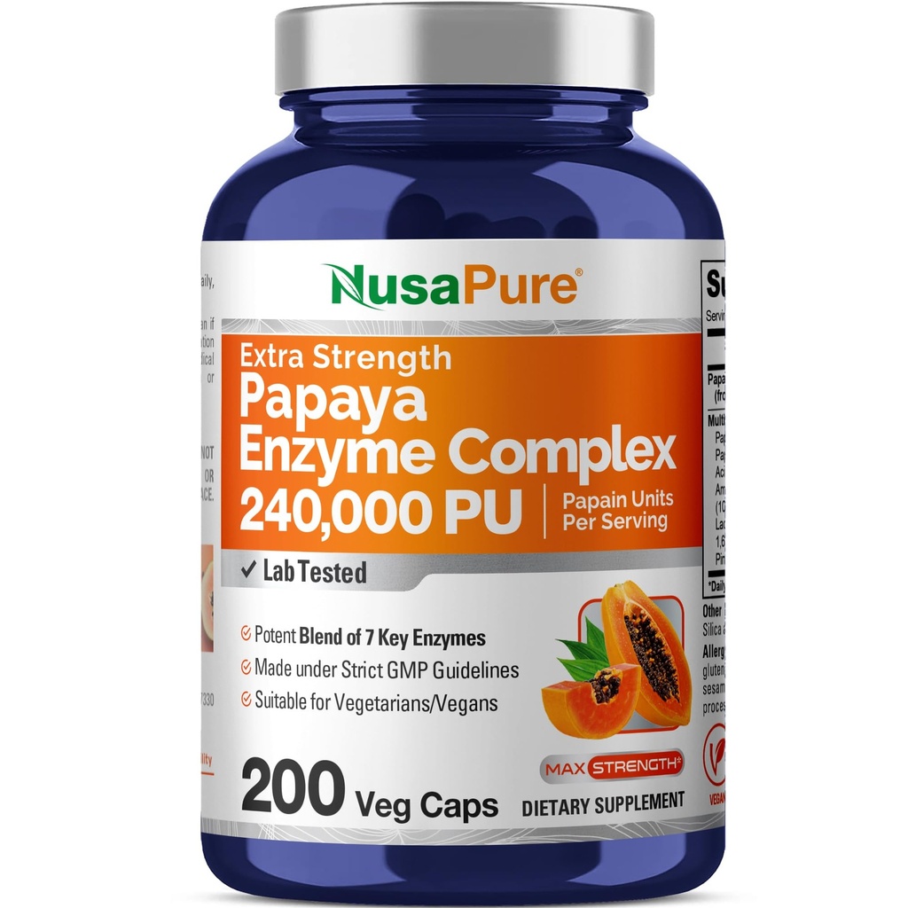 NusaPure Papaya Papain Enzyme Complex 240.000 PU - 200 Veggie Caps - 100% Vegetarian, Non-GMO