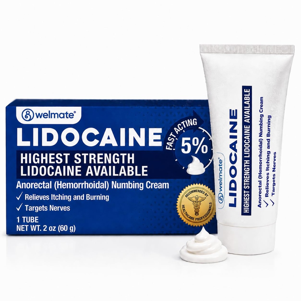 WELMATE - 5% lidokain Numbing Cream, 2oz (60g) - Največja moč Lidokain krema - hemoroidni Relief - zunanja uporaba Anestetik, Vitamin E - Odpornost otrok - Topična nega kože