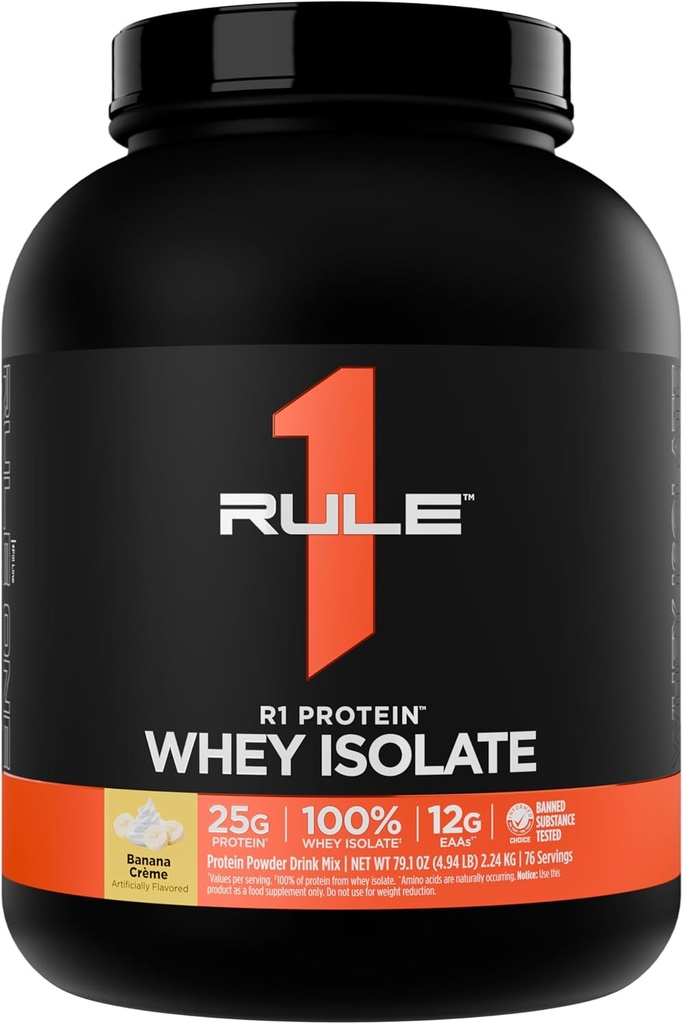 Pravilo 1 R1 beljakovine Izolat sirotke s 25 g beljakovin in 6 g BCAA izključno iz izoliranih in hidroliziranih virov za regeneracijo vadbe (5 funtov*, banana Crème)