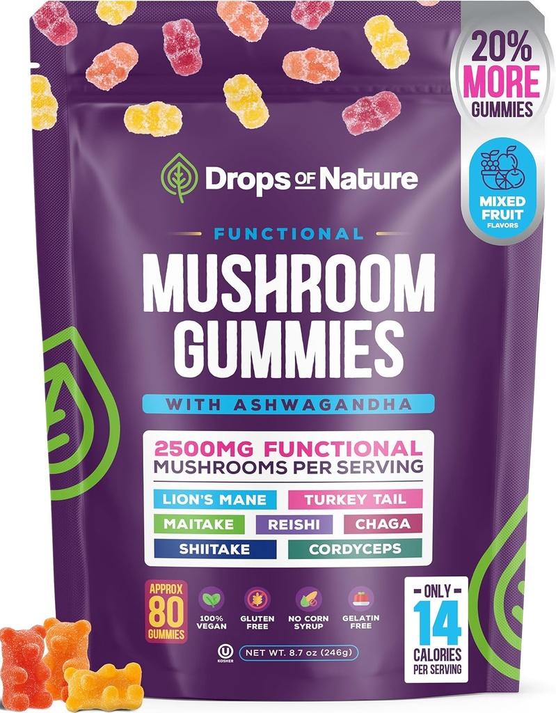 Ashwagandha Gumies and Lions Mane Gobe Gumies Supplement - Organic - Reishi, Cordyceps, Turčija Tail, Maitake, Shitake, Chaga - Imunska obramba, Povečuje kognitivno zmogljivost, Vegan, Nizka Carb
