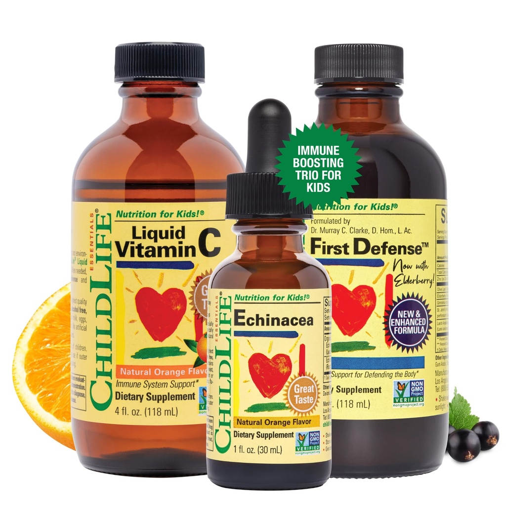 CHILDLIFE ESSENTIALS Imunska podpora 3-Pack - Tekoči vitamin C, prva obramba, in Echinacea - Imunsko povečanje dopolnila za dojenčke, malčki, in otroci