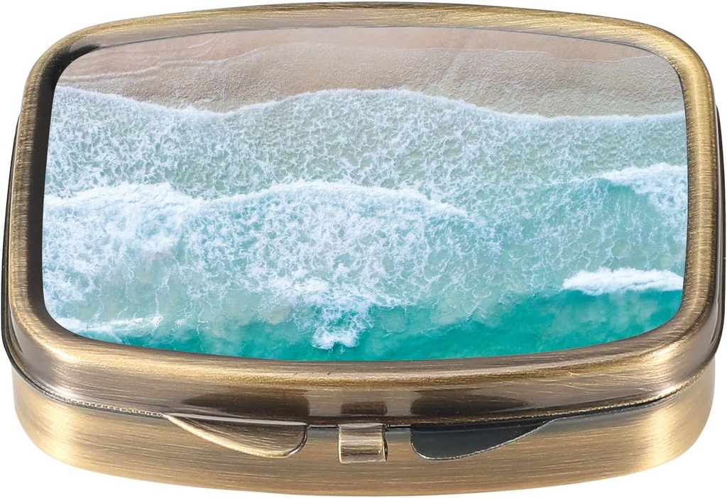 Dynippy tablete zaboj tablete Škatla z ogledalo Retro Pocket 2 Kompartment Medicine Primer Vitamin tablete Organizator za žepno torbico in potovanja (A-Sandy Beach)