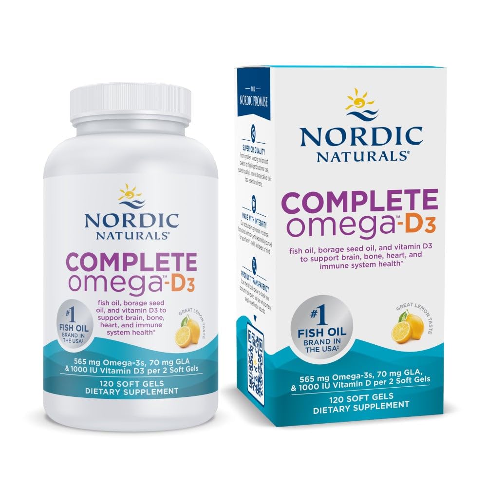 Nordic Naturals Complete Omega-D3, limonina aroma - 120 mehki geli - 565 mg Omega-3 + 70 mg GLA + 1000 i.e. vitamin D3 - EPA & DHA - zdrava koža, kognitivni, pozitivni razpoloženj - Non-GMO - 60 servingov