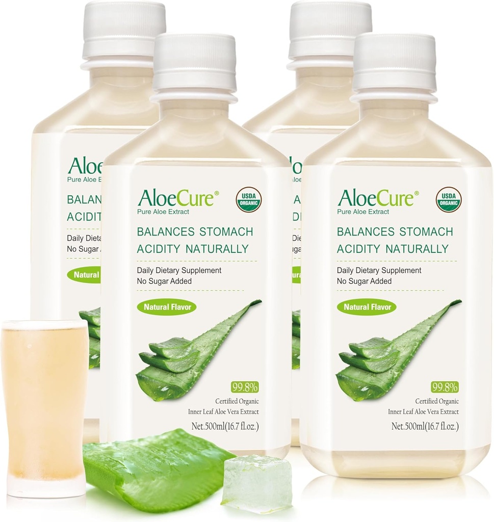 AloeCure USDA Ekološka Aloe Vera Juice narejena v 12 urah letine - Pure Aloe Juice Natural Prebavni dodatek za podporo prebavljivost, imunski sistem in uravnotežena želodčna kislina, 4 x 500ml steklenice