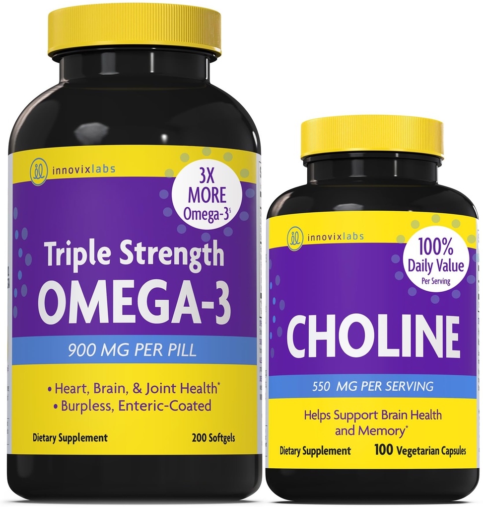 InnovixLabs Choline & Triple Omega-3 Bundle Choline Bitartrate 550mg (100 kapsul) Trojna moč Omega (200 kapsul). Podpira spomin, razpoloženje, zdravje možganov in krepitev kognitivne.*