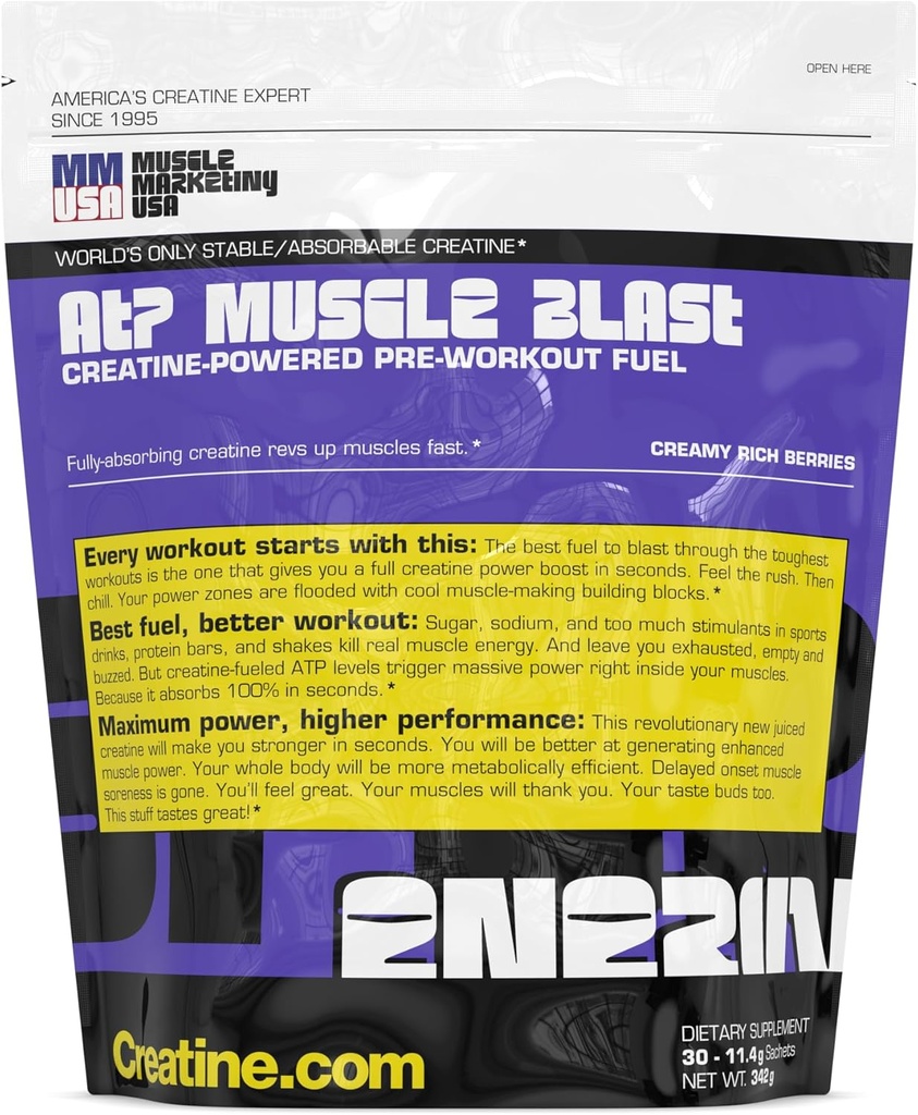 MMUSA ATP Muscle Blast: edini Stable Creatine Energy Drink na svetu. Takojšnja absorpcija. Takojšnja okrepitev za intenzivno bodybuilding, vzdržljivost šport. Vlak močnejši, Obnovi hitreje. 30 vrečk, 11,4g vsak