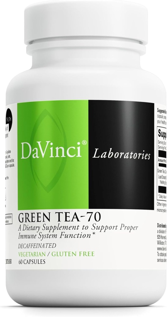 DaVinci Labs Green Tea-70 - prehranska dopolnila za podporo imunskega sistema, kardiovaskularnega zdravja in holesterola - z ekstraktom zelenega čaja - brez glutena - 60 vegetarijanskih kapsul