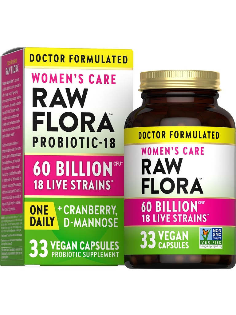 Raw Flora Women's Probiotics | Dr. Formulated 60 Billion CFU + Prebiotics | Digestive, Vaginal & Urinary Support | 33 Vegan Capsules with Cranberry & D-Mannose | Shelf Stable