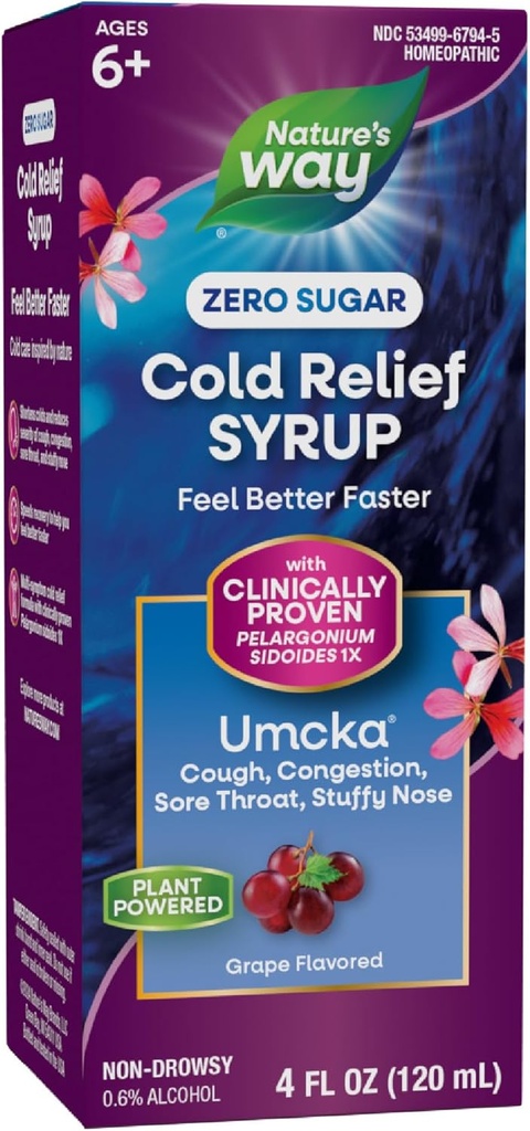 Naravne poti Cold Relief Zero Sugar Syrup, Umcka, homeopatski, skrajšane prehladi, boleče grlo, kašelj, prebavne motnje, in zamašen nos, Fenilephrin brezplačno, grozdne arome, 4 Fl Oz (Packating May Vary)