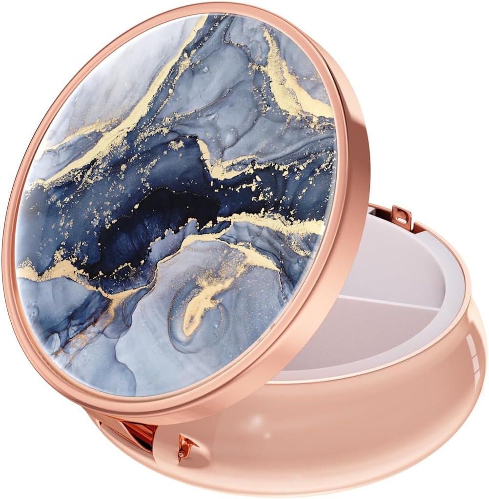 Box tablete Rouidr, 3 Kompartment Medicine tablete Primer, Mala kovinska potovalna medicina Škatla za torbico in žep, Rose Gold, temno sivi marmor