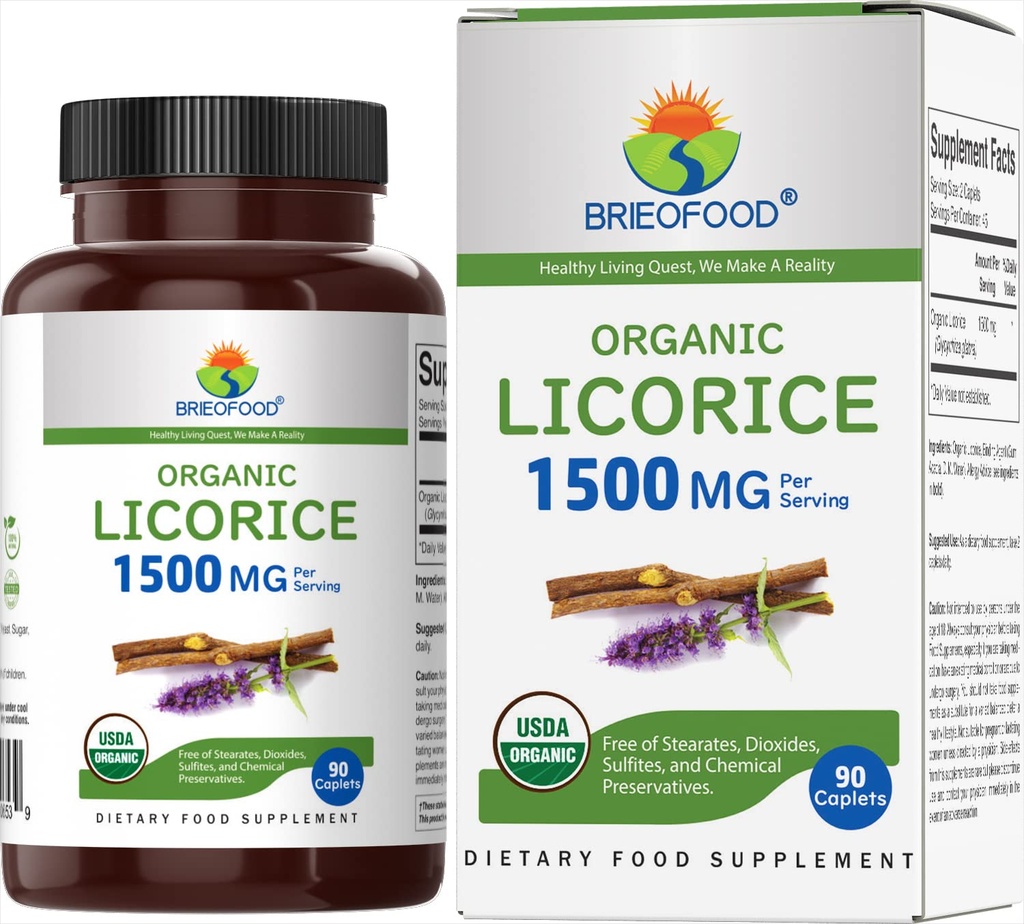 Brieofood Organic Licorice 1500mg, 45 Serving, vegetarijanec, Gluten brez, 90 vegetarijanske tablete
