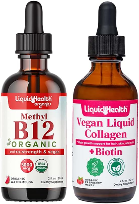 LIQUIDHEALTH organski metil B12 5000mcg vitaminske kapljice s pito Cherry Juice & 100% veganski rastlinsko-bazen kolagen Plus biotin kapljice - naravna energija boost, izboljšanje fokusa, rast las in nohtov, zdravje kože