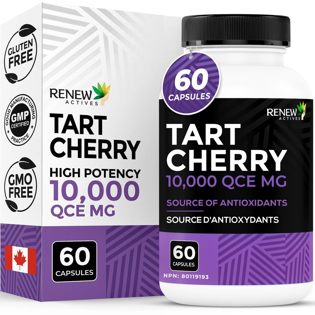 Renew Actives Tart Cherry Extra 500mg na 2 kapsuli – Antioksidant za prosto radikalno zaščito in wellness – 60 Kapsule Easy-to-Swallow – Izdelano v Kanadi