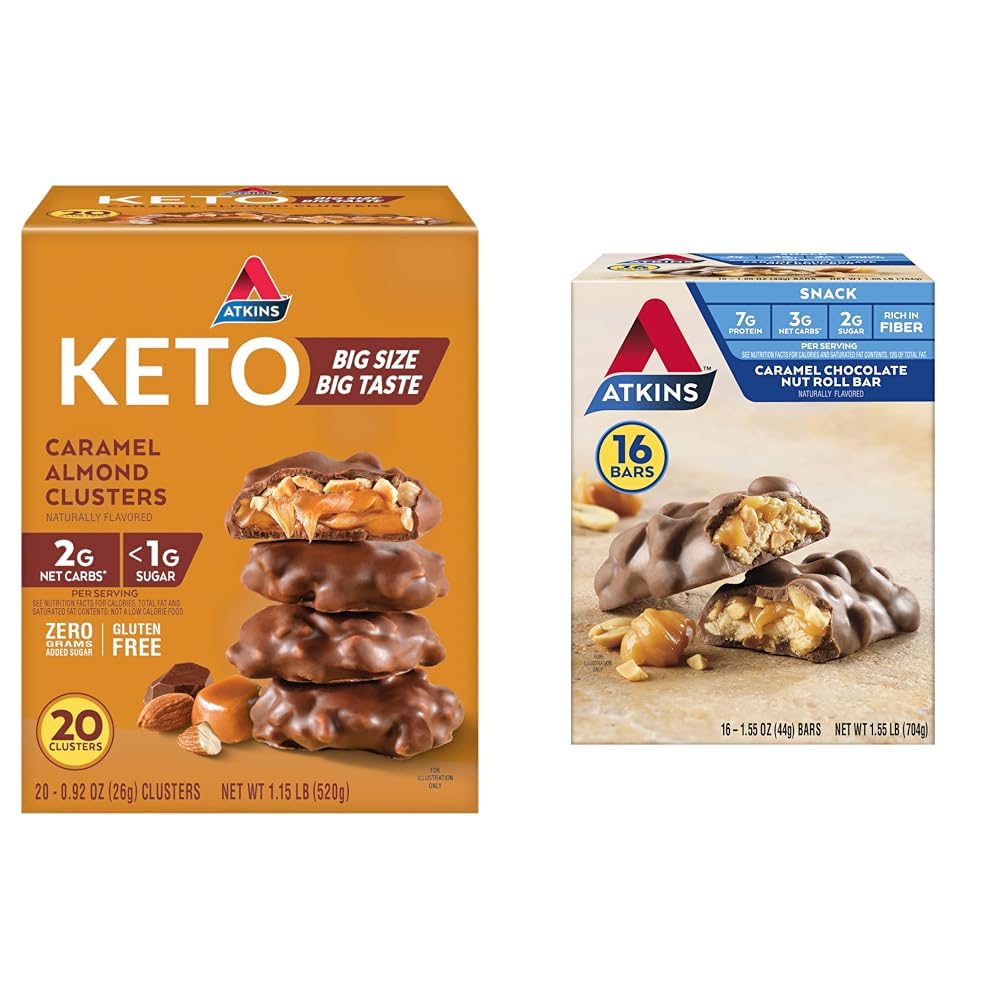 Atkins Caramel Almond Clusters, Gluten Free, High in Fiber, 1g sladkor, 2g Net Carb, Keto prijazno, 20 Count & Caramel Chocolate Nut Roll Prigrizek Bar, Beljakovinski prigrizek, High in Fiber, 2g sladkor, 16 Count