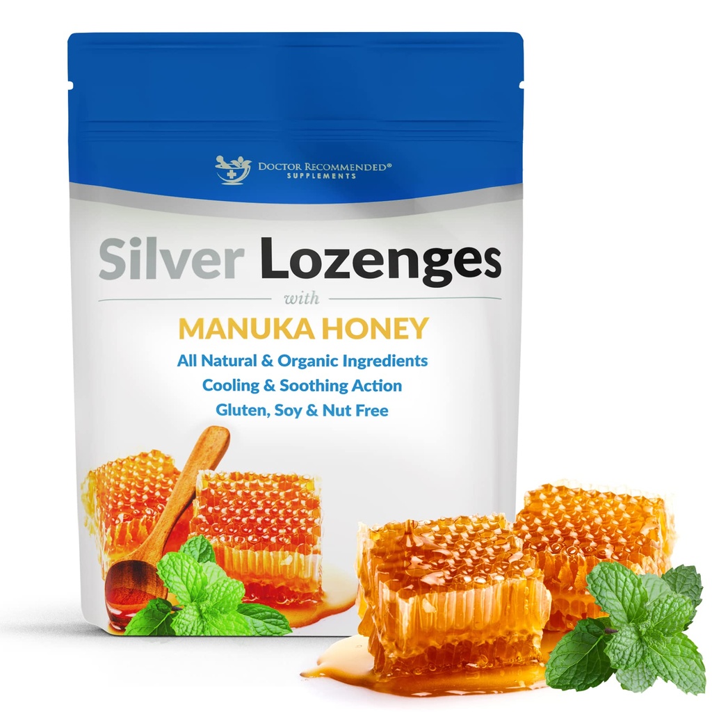 Srebrne kroglice z organskim manuka medom in vitaminom C - vse naravno Nano srebro 45-50mcg 60 PPM koloidne srebrne mineralne kapljice za podporo imunskega sistema, Soothe, Cool Cough & Throat, 24-Lozenges