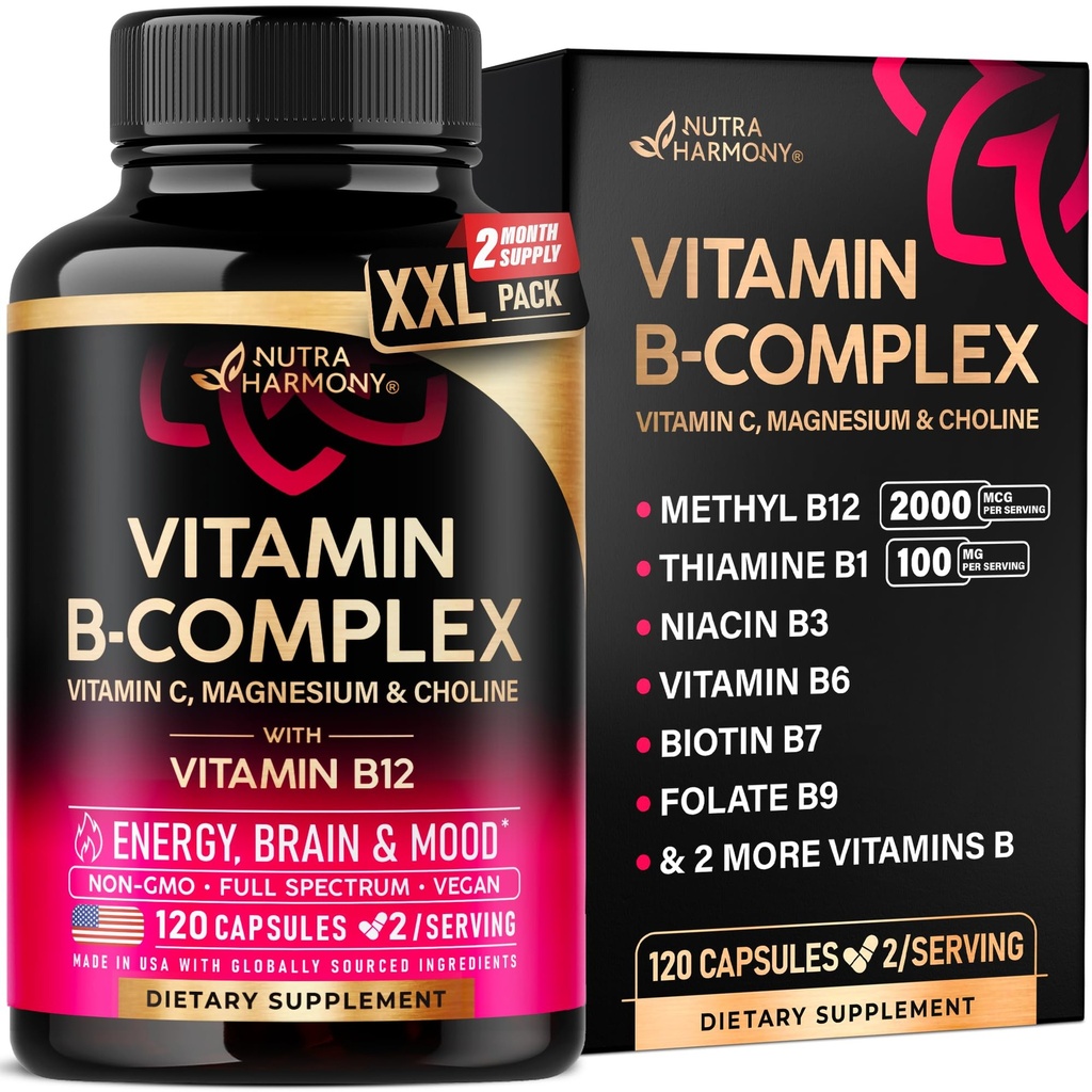 Kompleks vitamina B za moške in ženske - izdelan v ZDA - B-kompleks: B1, B2, B3, B5, B6, B7, B8, B9, B12 z vitaminom C, holinom, inozitolom - Energy, Brain & Heart Support, 120 Veganskih kapsul