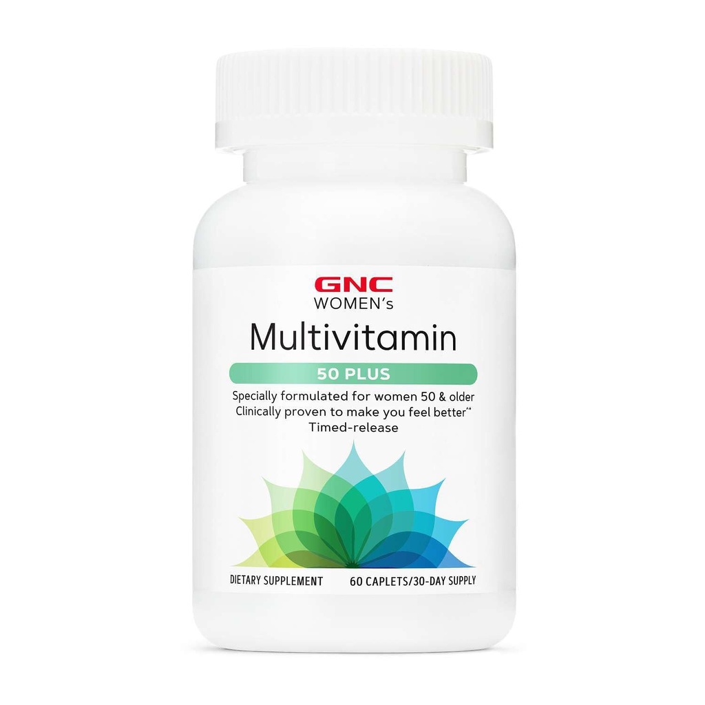 GNC ženski multivitamin 50 Plus, podpira kosti, oči, spomin, možgane in kožo zdravje z vitaminom D, kalcij in B12, pomaga povečati proizvodnjo energije, 60 Caplets