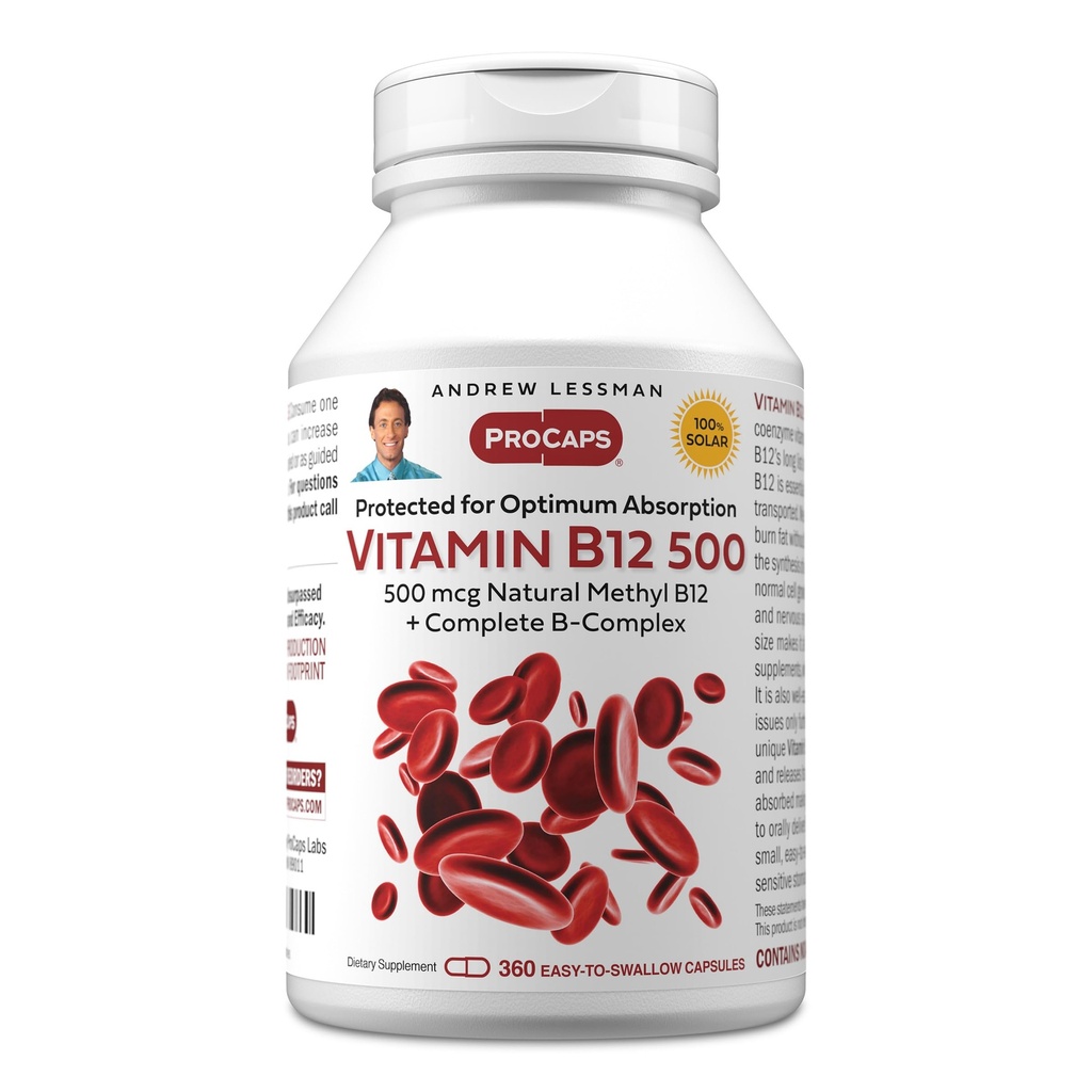 ANDREW LESSMAN Vitamin B12 500 360 Kapsule - Absorpcijsko zaščiten metilkobalamin (naravni koencim vitamin B12), bistvenega pomena za podporo energiji in stresu, Plus B-kompleks, Kapsule z enostavnim požiranjem
