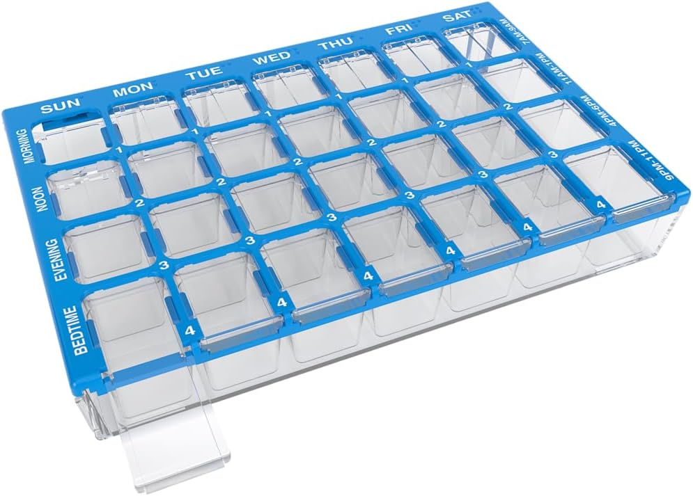 EZY DOZE tablete Organizator tedenski (7-dan), Medicine Planner, Vitamin Box, Majhni predelki z Easy polnilno pladenj primeru, 4 krat na dan, Enostaven za uporabo zabojnikov, Clear Lids, Blue, BPA brezplačno