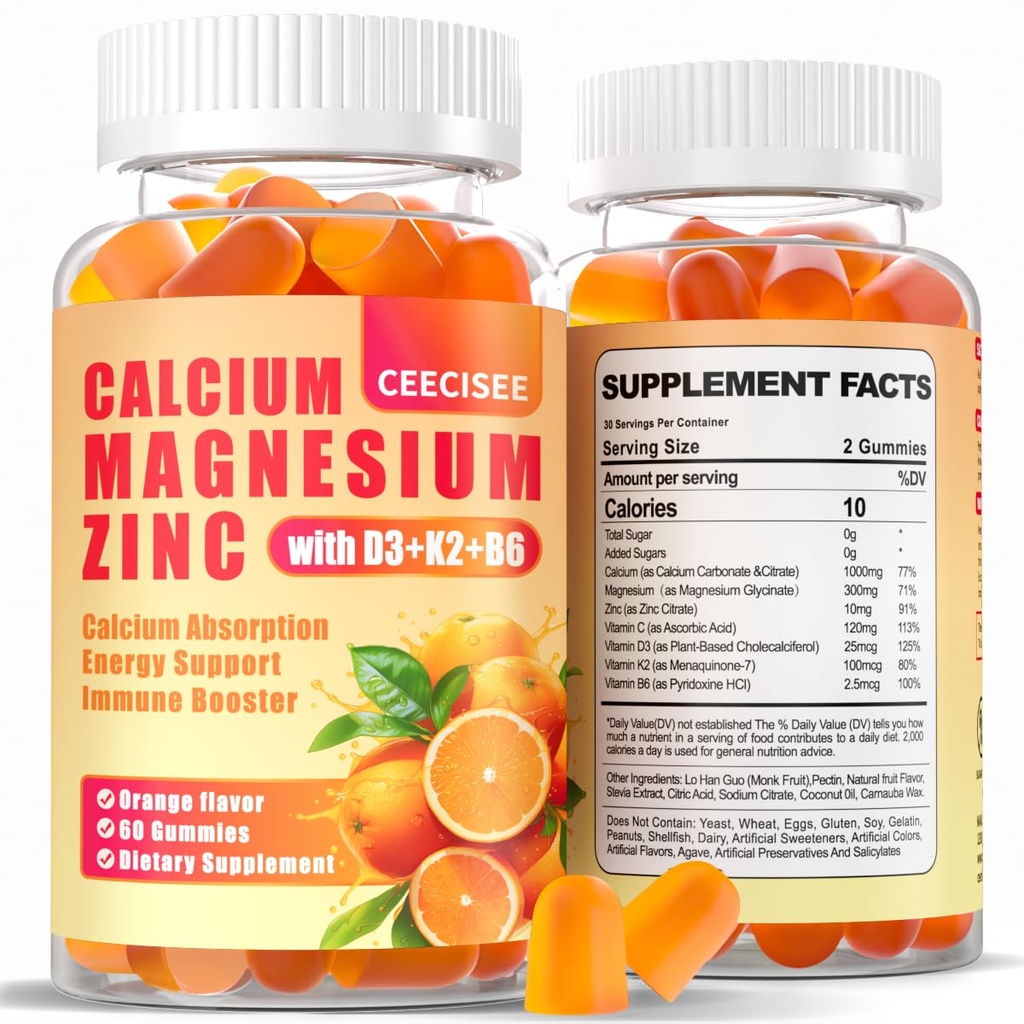 Kalcijev magnezijev cink Gumiji z D3 &B6 &K2,1000mg kalcijevi gumiji s 300 mg magnezijeve podpore Imunska energija za odrasle in najstnike,Sugar Free(120Count)