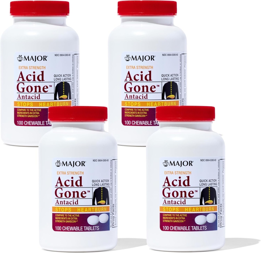 Velika kislina Gone Extra Strength Antacid Žvečljive tablete - Proti acid Reflux Medicina za odrasle - Vznemirjena želodčna sluznica, prebavne motnje in zgaga Relief - Dolgotrajna - 100-Count (4 pakiranja)
