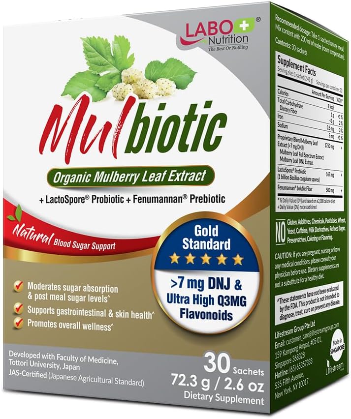 LABO Nutrition Mulbiotic, Organic Mulberry Leaf Extract + LactoSpore Probiotic & Fenumannan Prebiotic, za podporo Carb Cravings, Vegetarian, Non-GMO