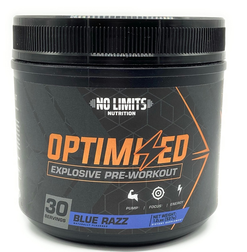 "Optimizirani" modri Razz Predworkout Powder / Masivne črpalke / povečanje mišične mase, moč in fokus / Beta alanin + L-citrulin + betain brezvodni + kreatin + kofein brezvodni / 30 strežnikov