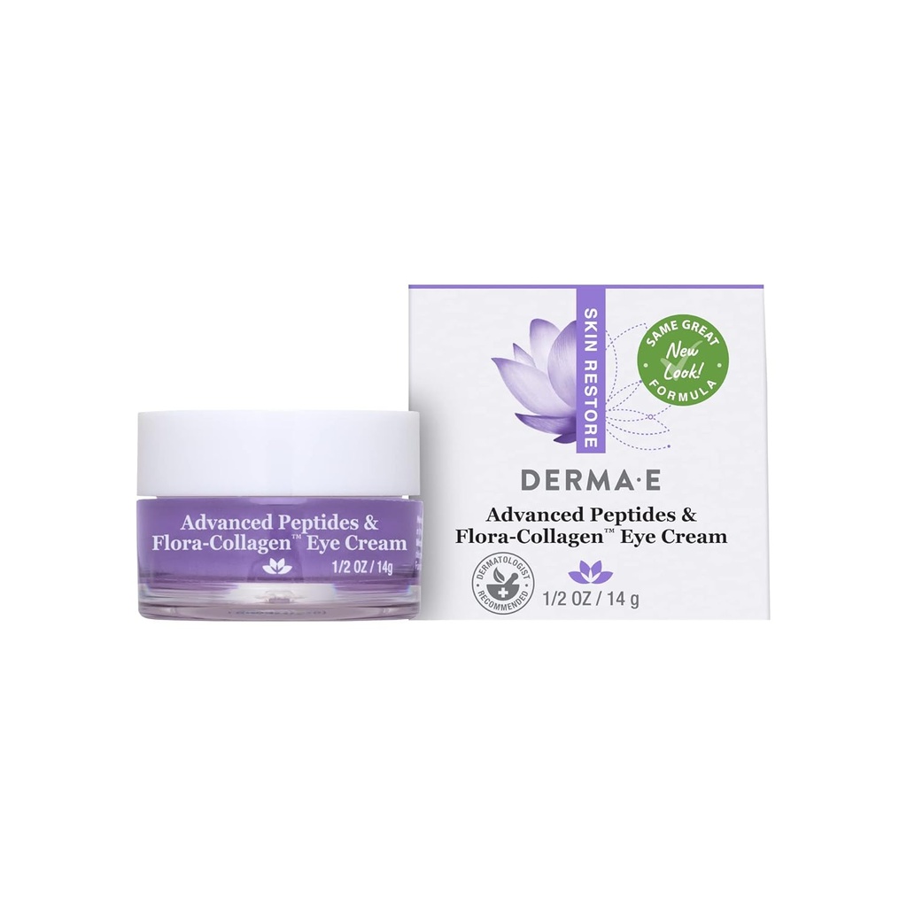 Derma E Advanced Peptides and Vegan Flora-Collagen Eye Cream – Dvojna akcija Kolagen Eye Cream z Peptide Complex – Kremiranje in hidriranje pod očesnim zdravljenjem – vsa naravna krema za vlaženje, 0,5oz